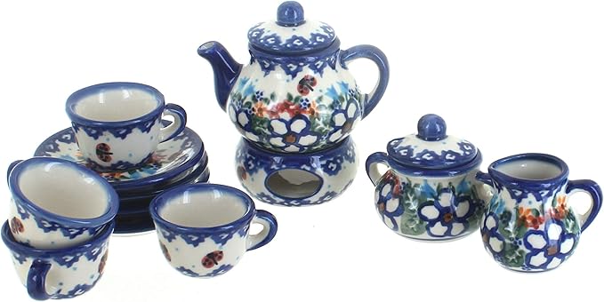Blue Rose Polish Pottery - Red Scarlett Miniature Tea Set - 1 Set - Polish Pottery Collectible Tea Set with Teapot & Cups, Decorative Gift - Bloomnest