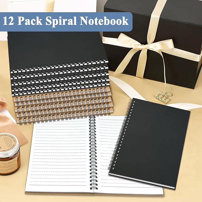 12Pack Small Spiral Notebook A5, 8.25x5.5” 120 Lined Pages Black & Brown Wide Ruled Spiral Journal Bulk Blank Kraft Cover Spiral Bound Notebook & Writing Pads for Home Office Meeting Work Note Taking - Bloomnest