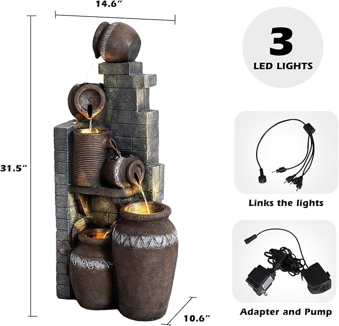 Grepatio Outdoor Water Fountain, Garden Waterfalls Fountains with LED Lights, 6 Tier Modern Indoor/Outdoor Floor Standing Water Fountain for Garden, Patio (10.6"(L) x 14.6"(W) x 31.5"(H)) - Bloomnest