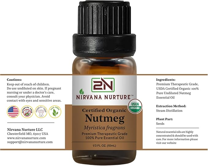 Nutmeg Essential Oil, USDA Certified Organic, 100% Pure Undiluted, Aromatherapy Oil for Diffuser, Hair & Skin Care NirvanaNurture