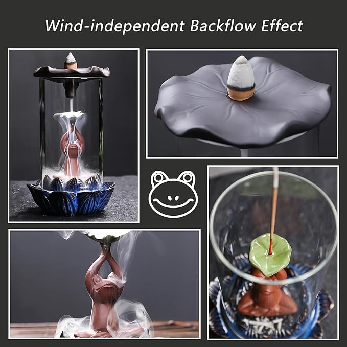 ChangWanna Frog Incense Burner Holder - Ceramic Lotus Incense Holder Ash Catcher, Glass Incense Holder for Sticks, Insence-stick Holder Ornament for Aromatherapy/Yoga/Meditation/Home Room Office Decor - Bloomnest