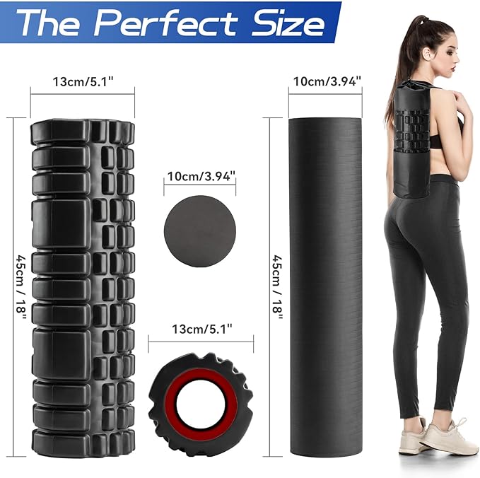 Foam Roller High Density Foam Roller Set for Deep Tissue Muscle Massage, 18" Trigger Point Fitness Exercise Massage Roller, Self-Myofascial Release for Whole Body (Black-18(2 in 1))