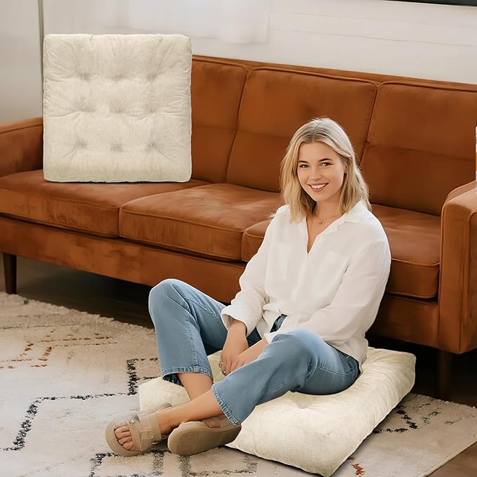 Meditation Floor Pillow Set of 2, Square Large Pillows Seating for Adults, Tufted Corduroy Cushion for Tatami Living Room, 22x22 Inch FP-Beige