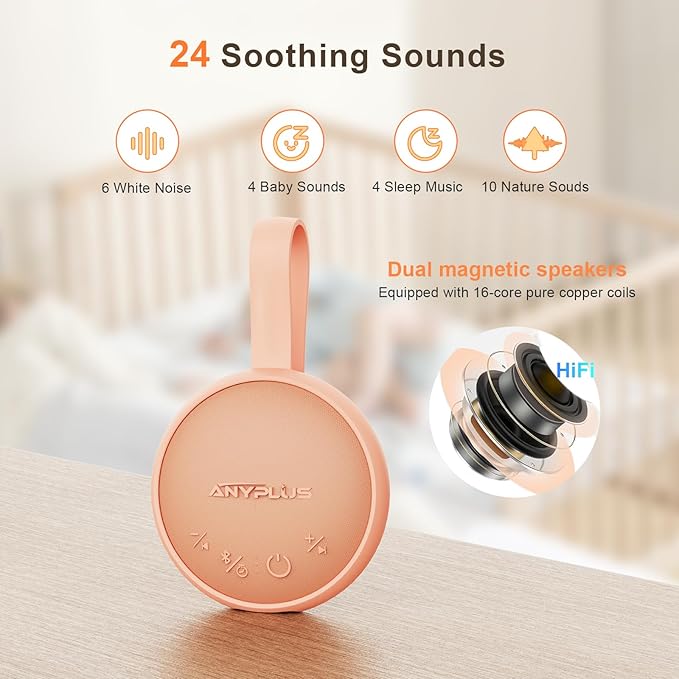 White Noise Sound Machine, Portable Sound Machine for Sleeping Adults & Baby, with Bluetooth 5.1/24 Soothing Sounds/Battery Powered/3 Timer Memory Function for Office/Bedroom/Travel(Orange) - Bloomnest