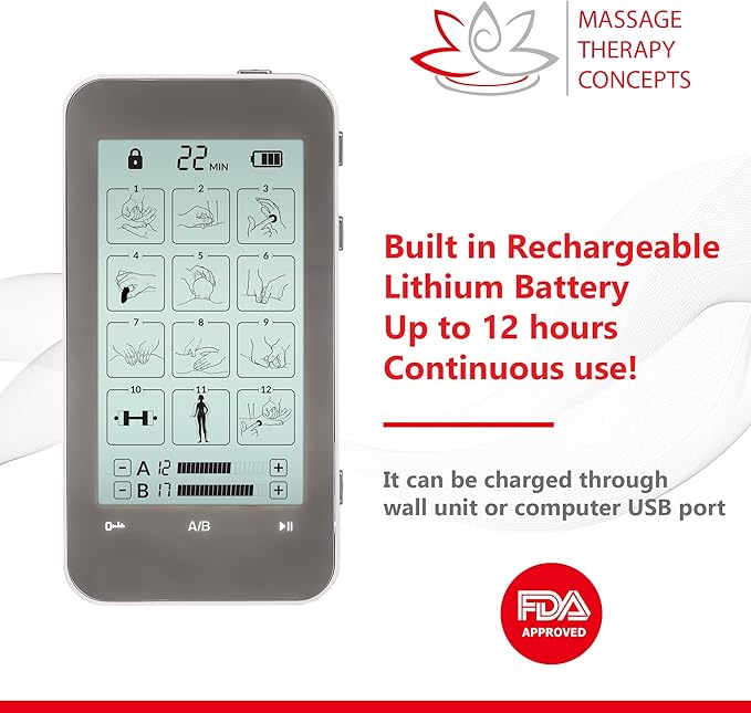 Massage Therapy Concepts TENS Unit Muscle Stimulator for PainRelief - Professional Dual Therapy Machine with 12 Modes and 20 Levels - Complete Accessory Set for Back and Neck Pain MassageTherapyConcepts