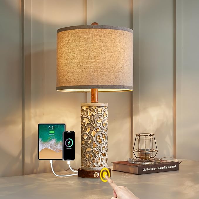 OYEARS 3-Way Dimmable 22'' USB A+C Touch Control Table Lamp with Nightlight for Living Room Bedroom Farmhouse Bedside Nightstand Lamps (Brown Bulb Included - Bloomnest