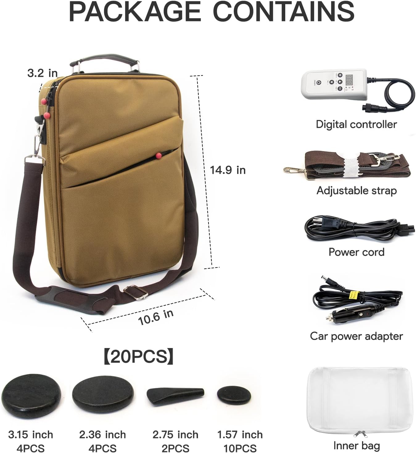 Portable 20 PCS Massage Stones Warmer Set, Temp Control Hot Stone Heater, Heating Massager Travel Bag w/Car Adapter for Professional/Home Spa (Brown)