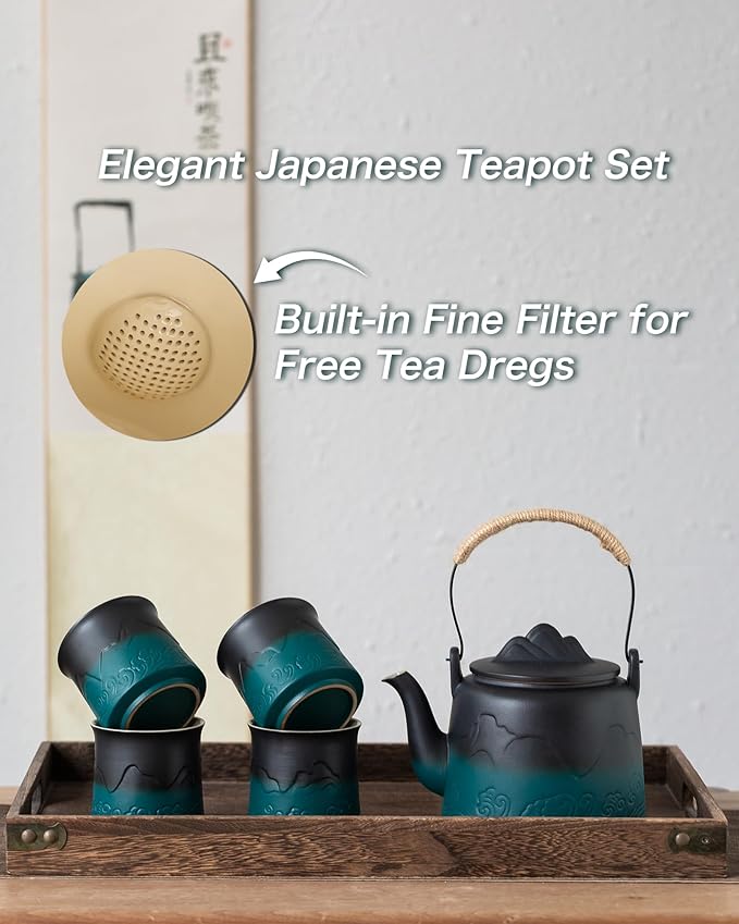 ZENS Vintage Japanese Tea Set, Gradient Embossed Ceramic Japanese Teapot with 4 Teacups, Hemp Rope Handle 33.8 oz Loose Leaf Teapot with Built-in Strainer for Tea Steeper Gifts, Black & Green - Bloomnest