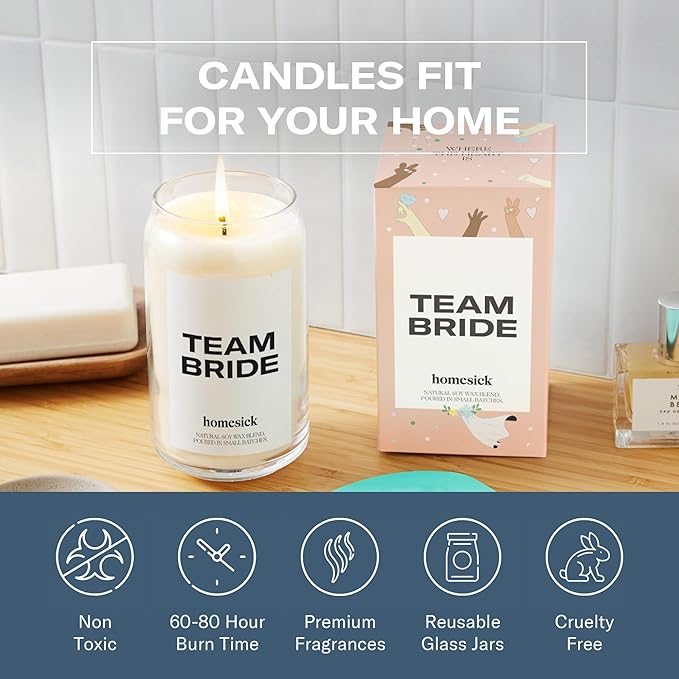 Homesick Scented Candles for Home (Team Bride) - 13.75 oz Long-Lasting Natural Soy Wax Blend Jar Candle Gifts for Women & Men, 60-80 Hours Burn Time - Notes of Linen, Beach Plum & Lily of The Valley - Bloomnest