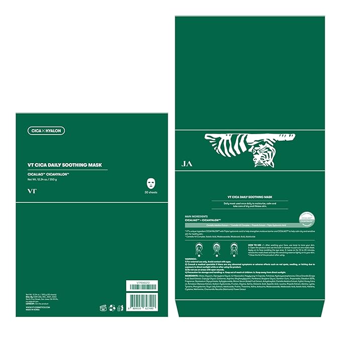 VT COSMETICS CICA Daily Soothing Mask 30 Sheets, Centella Asiatica & Hyaluronic Acid for Moisturizing & Hydrating, Instant Calm & Glow, Skin Softening Facial Mask, Korean Face Mask - Bloomnest