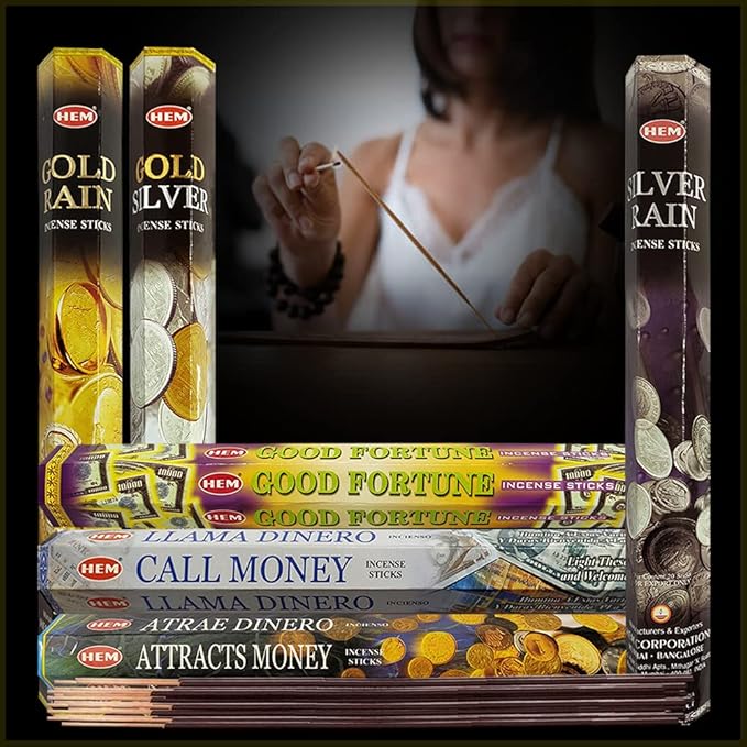 Hem Incense Sticks Variety Pack #29 and Incense Stick Holder Bundle with 6 Money and Good Luck Fragrances - Bloomnest