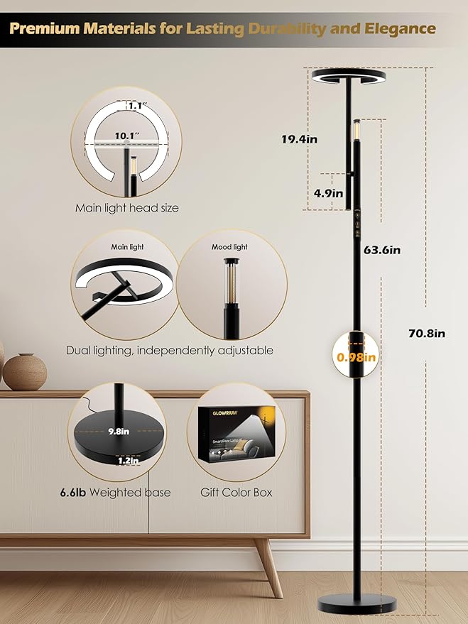Happy Light Therapy Lamp, 10000 Lux UV-Free Full Spectrum Sunlight Floor Lamp with Remote & App Control, Adjustable Brightness & Color Temps 2700-6500K, 2 in 1 LED Sun lamp for Living Room Home Office - Bloomnest