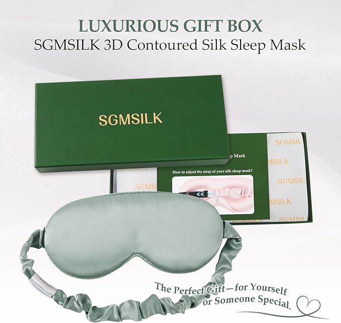 100% Mulberry Silk Sleep Mask for Unisex, 22 Momme 3D Silk Contoured Eye Mask, Breathable Light Blocking Blindfold with Adjustable Strap, Blackout Eye Cover for Travel, Grayish Green - Bloomnest