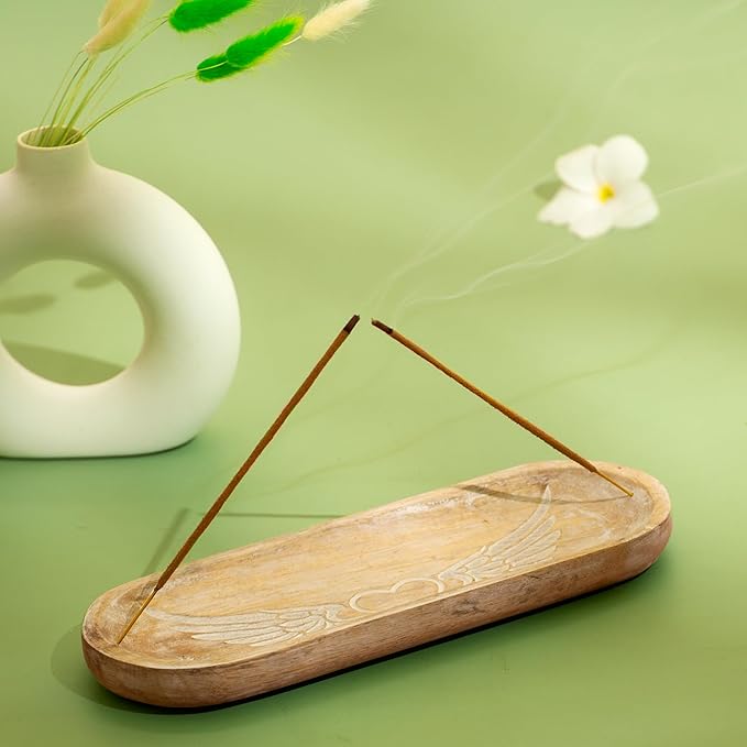 Hand Carved Incense Holder-Incense Burner/Ash Catcher/Handmade Wooden Insence Tray – Modern Gift Home/Room/Kitchen Décor Size 11x4x1.5 Inches