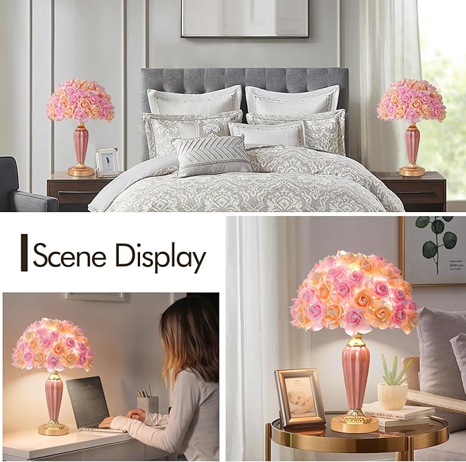 Pink Flowers Lamp Beautiful Yellow Flower Bedside Lamp Romantic Rose Bouquet Table Lamp for Wedding Girl Bedroom Valentines Dating Living Room Hotel Office Endtable - Bloomnest