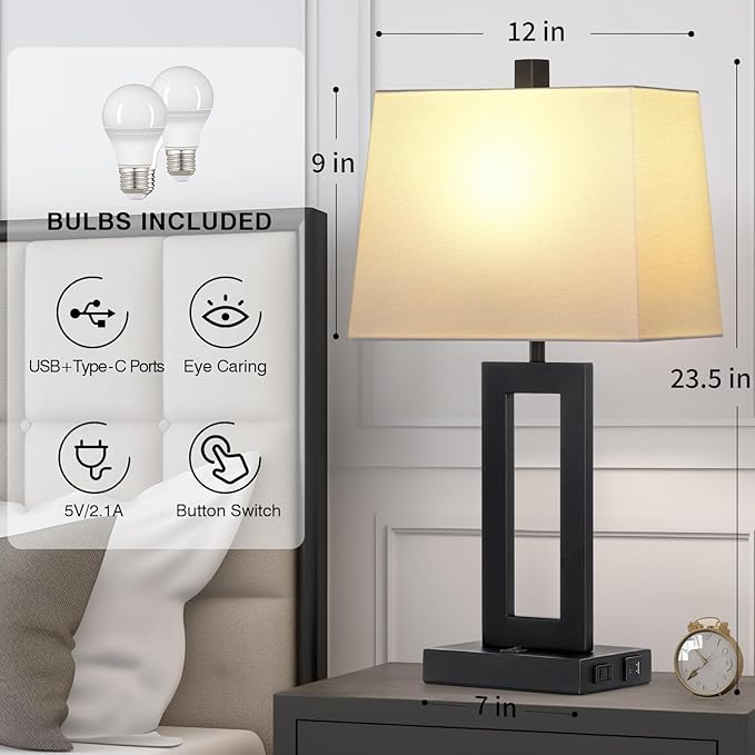 Table Lamp Set of 2 with USB C+A Ports & AC Outlet, Bedside Lamps, Modern Bedroom Lamps, Black Lamps for Night Stands Bedroom Living Room,Nightstand Lamp - Bloomnest