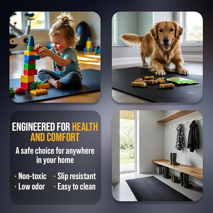 Rubber King Multi-Purpose Exercise Mat - 100% Recycled Thick Rubber Mat for Home Gym Flooring, Non-Slip, Low-Odor Durable Workout Mat for Indoor/Outdoor, Shoe-Friendly