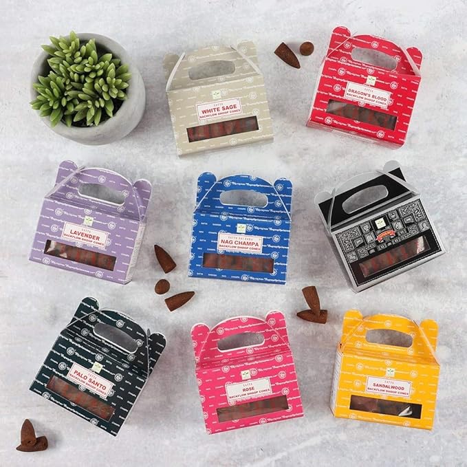 Satya Backflow Dhoop Incense Cones – 8 Pack × 24 Cones (192 Total) – Random Assortment of Popular Fragrances Like Nag Champa, Super Hit, Palo Santo, Sandalwood – Meditation & Relaxation