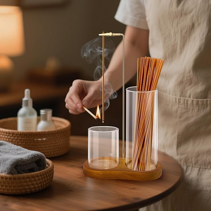 Incense Holder for Sticks, 2 in 1 Incense Burner Holder with Glass Ash Storage and Incense Sticks Organizer, Incense Holder for Meditation Yoga Spa Indoor Outdoor Decor