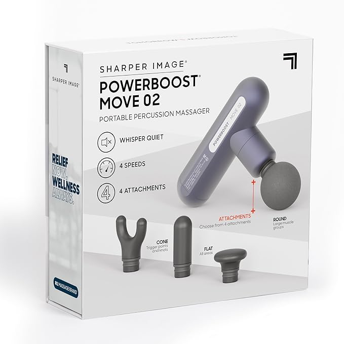 Sharper Image Powerboost Move 2.0 - Mini Percussion Massage Gun| 4 Attachments, 4 Speeds| Portable Full Body Back & Shoulder Massager| Muscle Recovery & Pain Relief| Deep Tissue Massage Tool Gift - Bloomnest