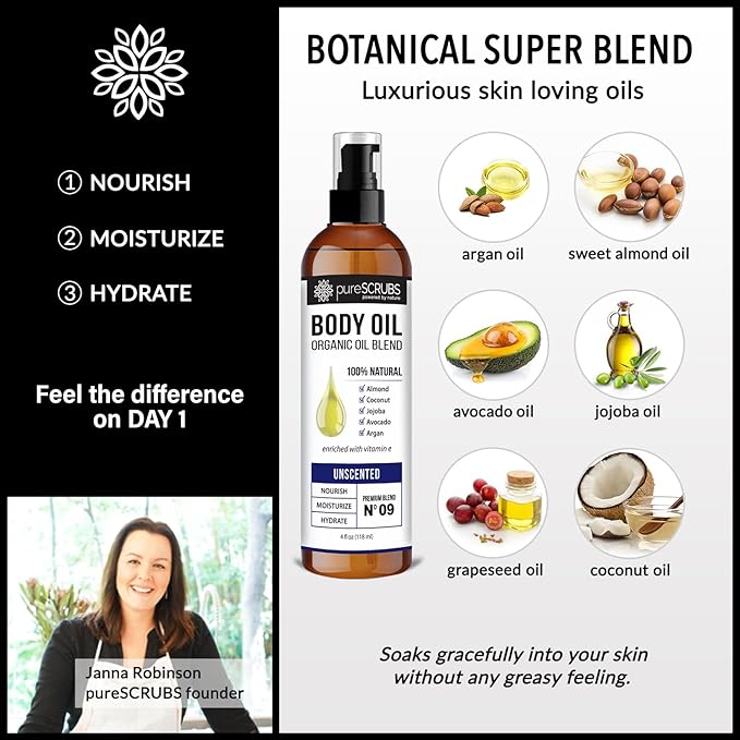 pureSCRUBS Ultra Moisturizing Unscented Body Oil Spray for Dry Skin, Massage, Stretch Marks, Organic Super Blend of Jojoba, Argan, Coconut, Sweet Almond & Avocado Oils Enriched with Vitamin E, Lg 4oz - Bloomnest