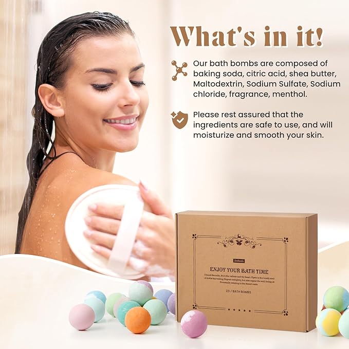 Bath Bombs Set, 20 pcs Natural Shea Butter & Safe Oil Bath Bomb for Skin Moisturizing, Handmade Bubble Bath & Fizzy, Ideal Presents for Women - Bloomnest