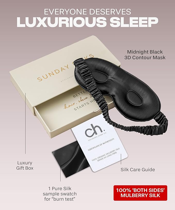 SUNDAYSILKS™ 3D Contoured Silk Sleep Mask | Padded Silk Eye Mask with Eye Cups for Lash Extensions | Blackout, Organic for Women & Men, Perfect for Travel, Slip-Free Deep Sleeping, Antifaz para Dormir - Bloomnest