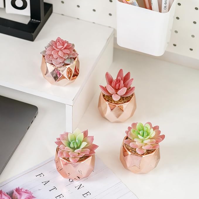 Tiita 4 Pack Artificial Faux Succulents in Pots, Mini Rose Gold Fake Plants for Women Desk, Small Realistic Faux Succulents for Home Office Accessories Window Sill Bathroom Bedroom, Rose Gold - Bloomnest
