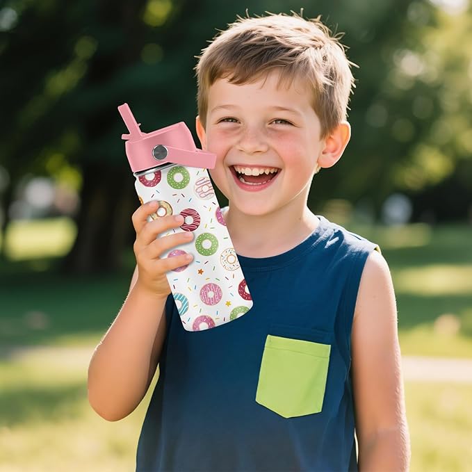 Donut Lover Gifts for Kids - 16oz Insulated Stainless Steel Water Bottle with Straw Lid, Leakproof BPA-Free Tumbler for School, Travel - Cute Donut Design Kids Cup for Boys & Girls (1pc) - Bloomnest