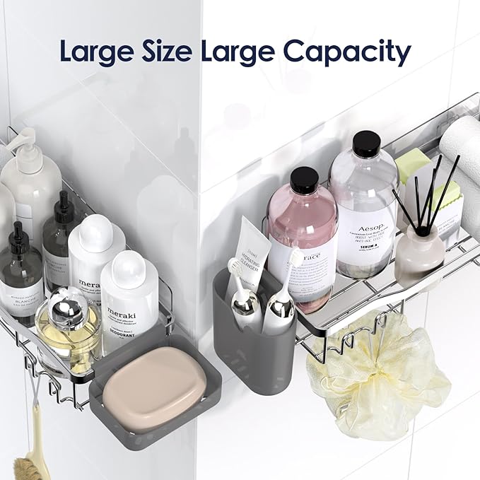 Shower Caddy Adhesive Shower Organizer 8-Pack, Rustproof Stainless Steel Bathroom Shelves, Large Capacity No-Drill Rack Storage Accessories with Soap Dish Toothbrush Holder Hooks - Bloomnest