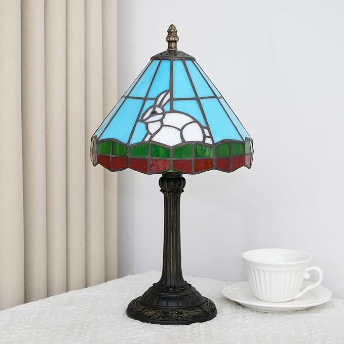 Tiffany lamp 8 inch small stained glass lamp fairy tale white rabbit bedside lamp suitable for bedroom dormitory dining room living room Tiffany style retro home decoration handmade children's gift - Bloomnest
