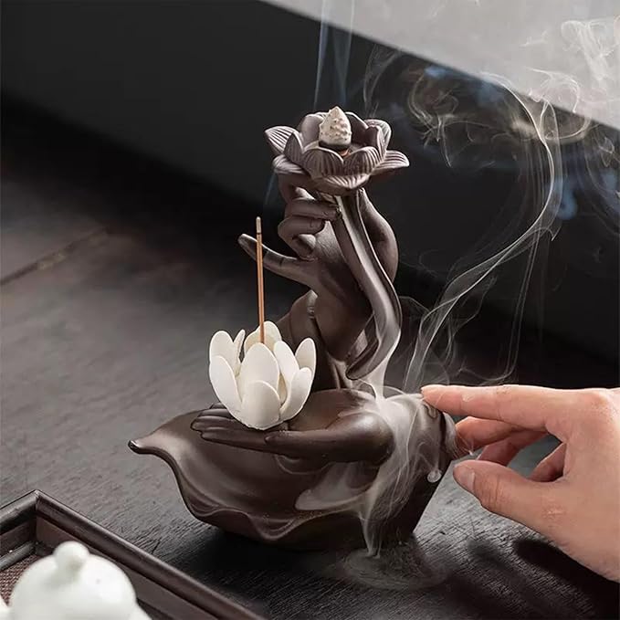 Lotus Backflow Incense Burner– Ceramic Cones Incense Holder with 60 Incense Cones + 30 Sticks + 1 Mat+1 Tweezers | Waterfall Incense Burner & Waterfall Fountain | (Black) - Bloomnest