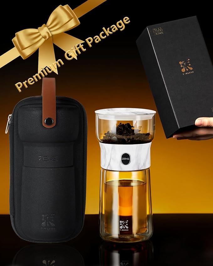 ZENS Modern One Touch Tea Maker, Glass Teapot with Infuser for Loose Leaf Tea Diffusers, Mess-Free Smart Pouring with Insulated Mug and Portable Tea Kits for Tea Lover Gifts - Bloomnest