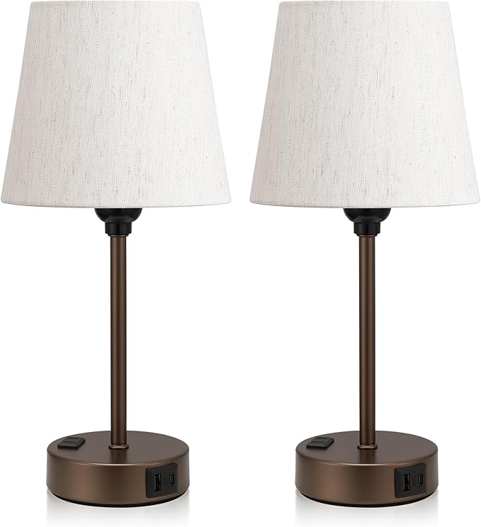 Acaxin Brown Bedside Lamps for bedrooms Set of 2 - Nightstand Bedroom Lamp with USB C Port and AC Outlet Charging, 3 Way Dimmable Touch Control Small Bed Side Table Lamp, Nightstand Light for Kids - Bloomnest