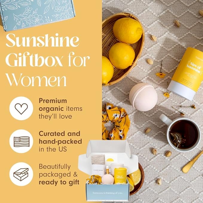 Unboxme Sunshine Gift For Women | Self Care Package with organic herbal tea, fluffy cloud socks, ceramic mug, citrus bath bomb , beeswax lip balm, a fun floral scrunchie + a sending hugs card - Bloomnest