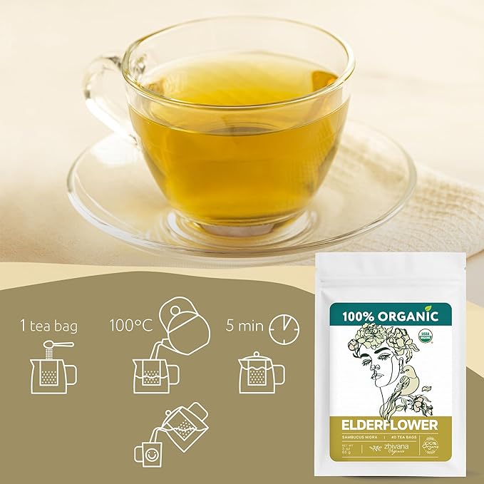 Organic Elderflower Tea (40 Tea Bags) - Elder Flowers Tea for Respiratory Health, Immunity - Herbal TeaBags for Cold Weather Days - Seasonal Blend - Te de Flor de Sauco - Bloomnest