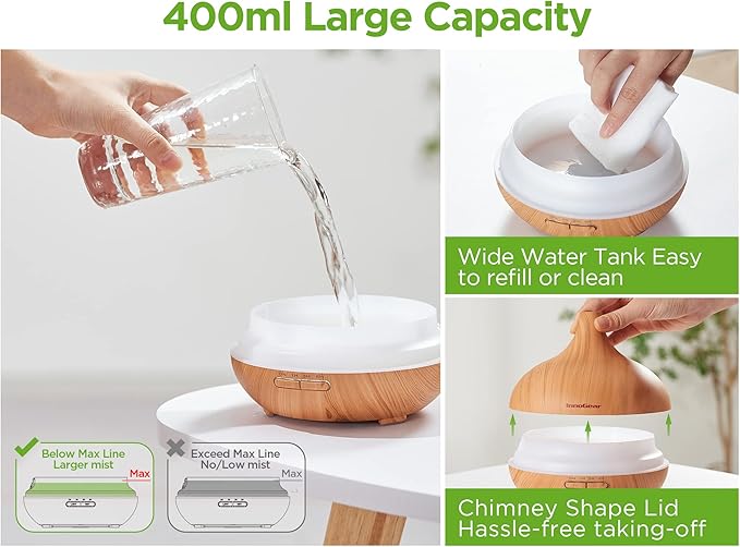 InnoGear Aromatherapy Diffuser & 10 Essential Oils Set, 400ml Diffuser Ultrasonic Diffuser Cool Mist Humidifier with 4 Timers 7 Colors Light Waterless Auto Off for Large Room Office, Yellow Wood Grain - Bloomnest