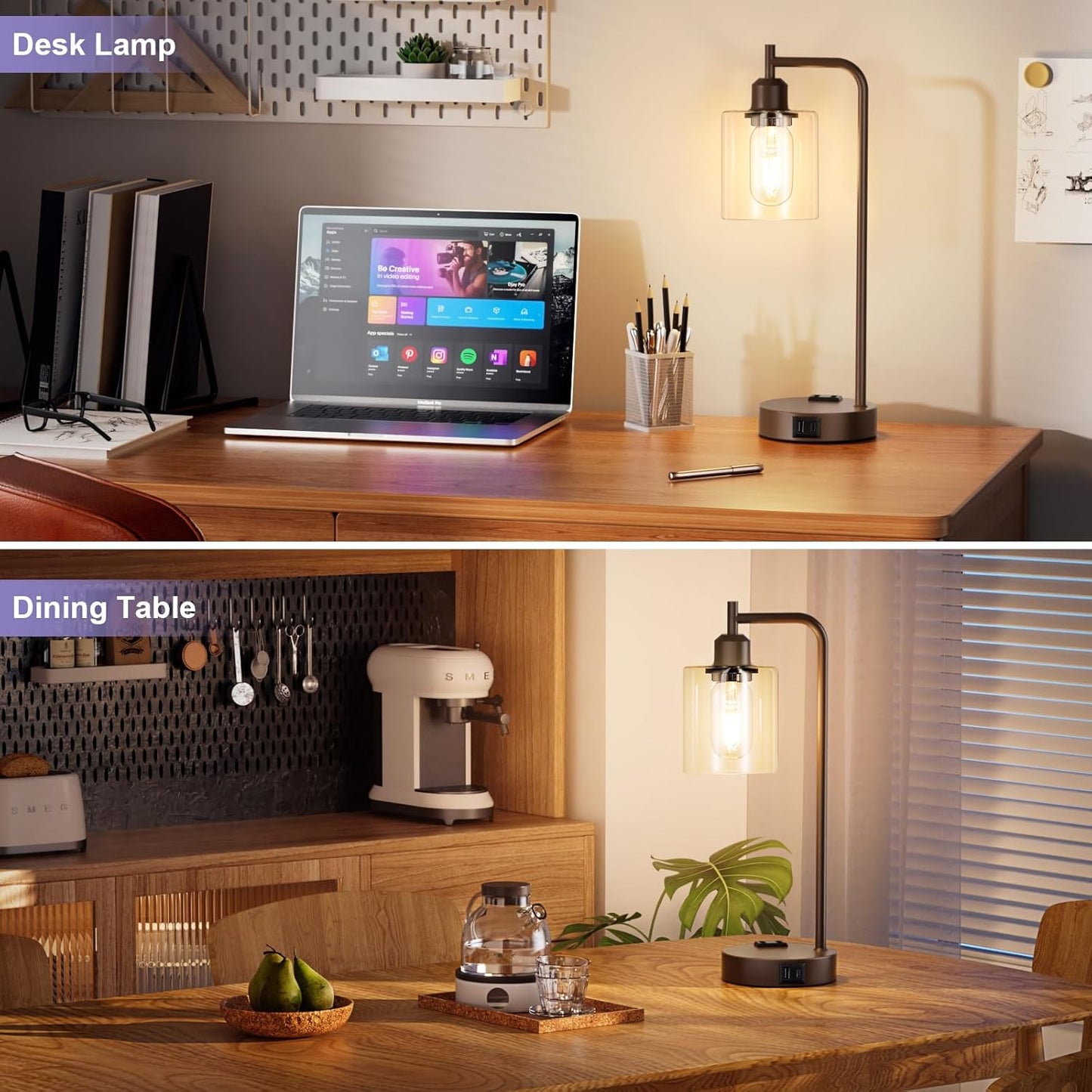 Innqoo Industrial Touch Table Lamps for Bedrooms Set of 2-3-Way Dimmable Lamps with USB C+A Ports and Outlet, Brown Bedside Lamps with Clear Glass Shade for Living Room, Desk Lamps for Home Office