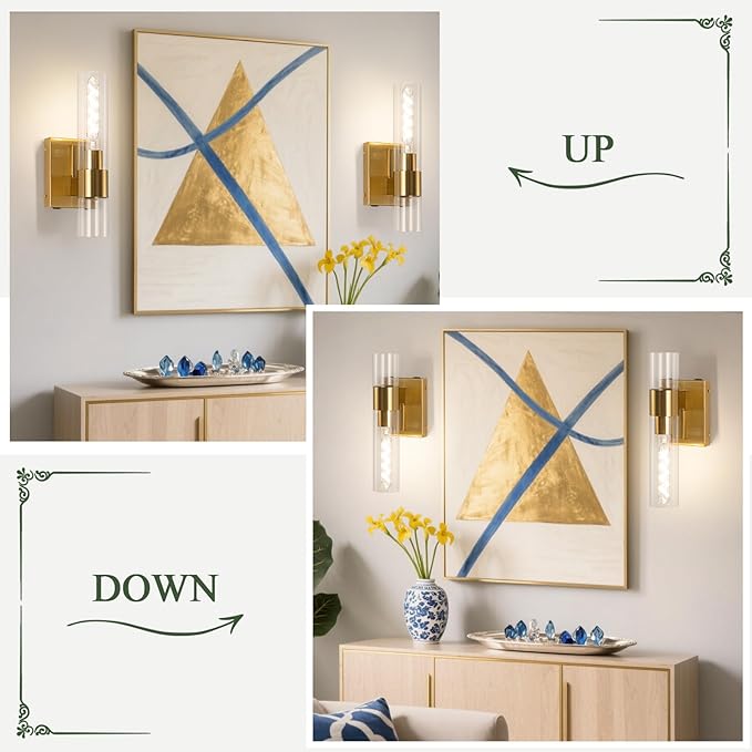 BELS Battery Operated Wall Sconces Set of Two, 13 Inch Gold Wireless Wall Light with Cylinder Clear Glass, Remote Control, Modern Wall Sconce for Bathroom, Bedroom, Living Room, Hallway - Bloomnest