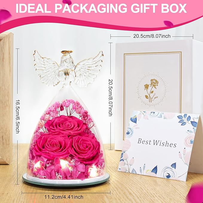 Valentines Day Gifts for Her Women Preserved Flower Rose, Forever Eternal Fresh Flowers in Glass Angel Figurines Flowers for Delivery Prime for Grandma Mom from Daughter Wife Mothers Day Birthday Pink - Bloomnest