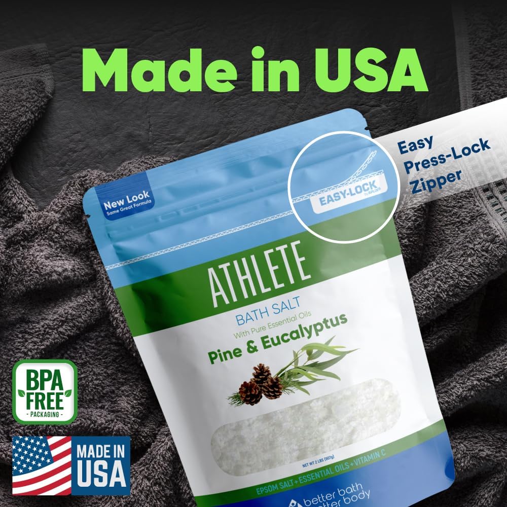 Athlete Bath Salt 32 Ounces Epsom Salt with Natural Lavender, Pine, Peppermint and Eucalyptus Essential Oils Plus Vitamin C in BPA Free Pouch with Easy Press-Lock Seal