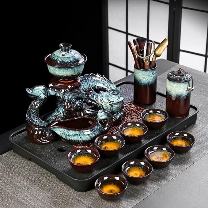 Chinese Gongfu Tea Set Ceramic Teapot with Infuser, 8 Cups, Semi Automatic Dragon Design for Loose Leaf Tea