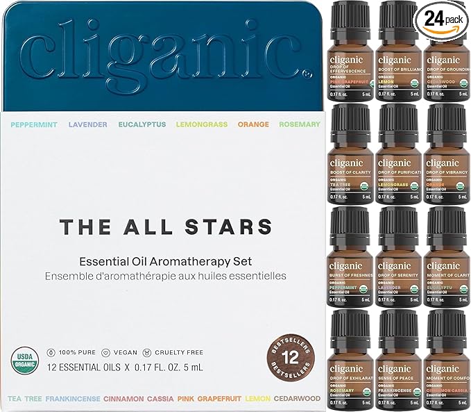 Cliganic Organic Essential Oils Set (Top 12, Pack of 2) - 100% Pure - Peppermint, Lavender, Eucalyptus, Tea Tree, Lemongrass, Rosemary, Frankincense, Orange, Lemon, Cassia, Cedarwood & Grapefruit - Bloomnest