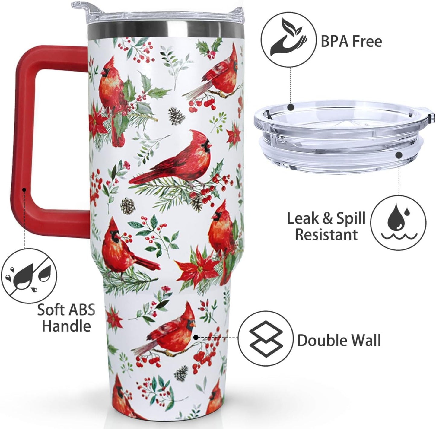 Ceovfoi 40 Oz Red Cardinal Tumbler With Handle,Christmas Coffee Travel Mug Cup, Red Cardinal Decor, Christmas Gifts for Women