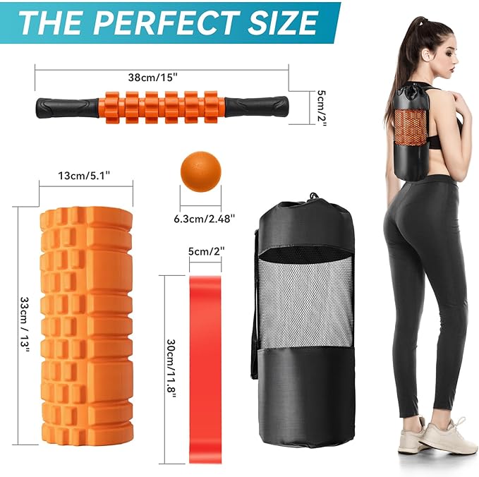 5 in 1 Foam Roller Set for Deep Tissue Muscle Massage, Trigger Point Fitness Exercise Foam Roller, Massage Roller, Massage Ball, Stretching Strap, for Whole Body (Orange Black) - Bloomnest