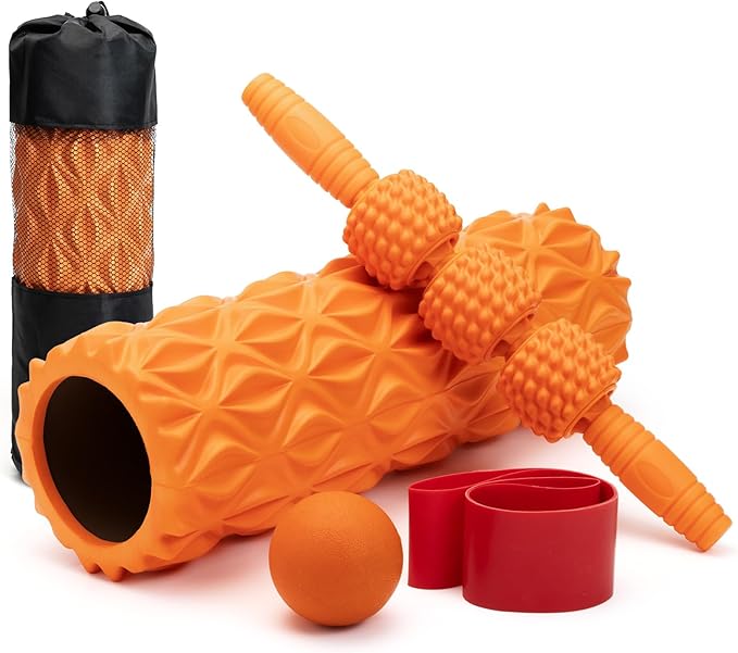 5 in1 Foam Roller Set, Trigger Point Foam Roller, Massage Roller Stick, Massage Ball, Resistance Band for Deep Muscle Massage Pilates Yoga,Fitness Exercise for Whole Body (Pure Orange) - Bloomnest