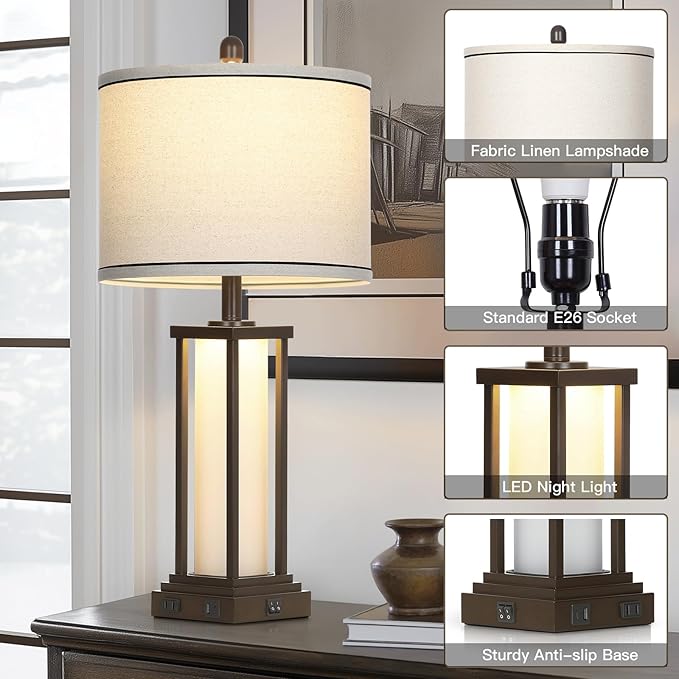 27" Tall Vintage Table Lamps with USB C+A & Outlet,Brown End Table Lamp Set of 2 for Living Room,Rustic Bedside Lamps with Frosted Glass Night Light for Bedroom Nightstand,Oil-Rubbed Bronze - Bloomnest