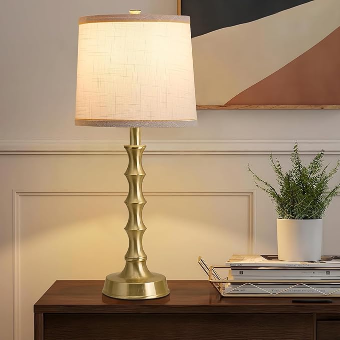 Set of 2 Gold Table Lamps, 24" Electroplated Gold Bamboo Base with White Linen Shade, Compact Nightstand Lamps for Bedroom, Living Room, Office Decor - Bloomnest