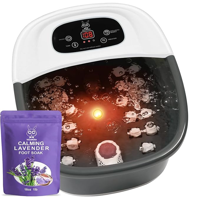 Foot Spa Bath Massager with Heat Bubbles and Vibration Massage and Jets, 16 OZ Calming Lavender Foot Soak Epsom Salt, MoodRelish Foot Soaker with Red Light, 22 Massage Rollers, Adjustable Temp - Black - Bloomnest