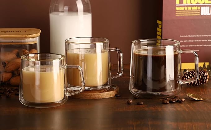 CNGLASS 10oz Glass Coffee Mugs,Double Wall Insulated Glass Mugs with Handle,Clear Espresso Mug for Latte,Cappuccino,Tea Bag,Set of 2 - Bloomnest